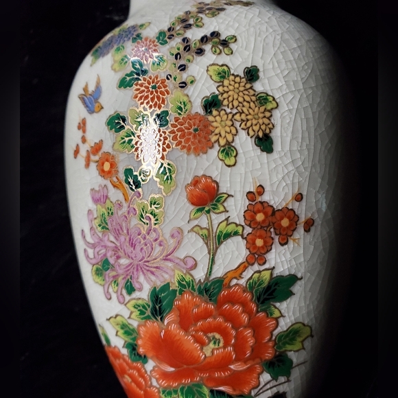 Floral Ceramic Vase with Crackle Glaze - Picture 9 of 10